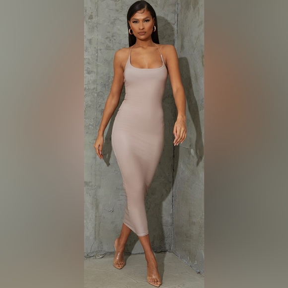NWT PLT Taupe Slinky Halterneck Strap Midaxi Dress Size 6 - Picture 1 of 6